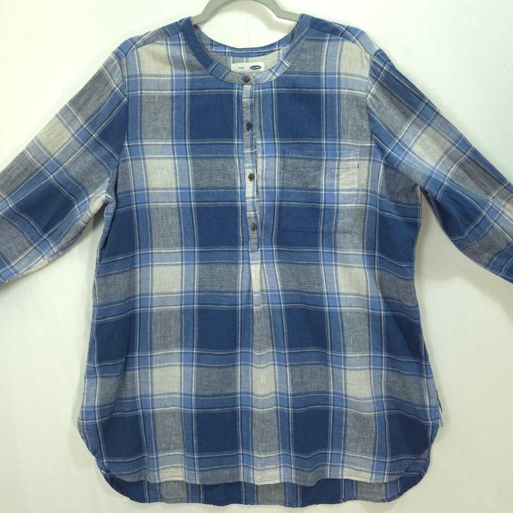 Old Navy Tunic Linen Blend Henley Plaid Women XL Blue Coastal Cottagecore Causal
